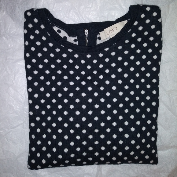 LOFT | Polka Dot Crewneck Back Zip  Sweater Size Small Navy & White - Picture 3 of 10